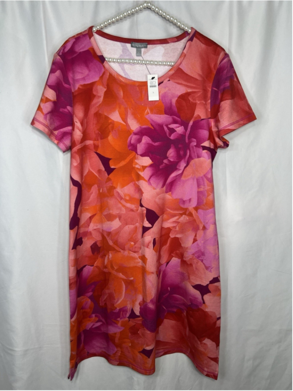 T by Talbots Women’s Floral Orange Purple Stretch Short Sleeve T-Shirt Dress L